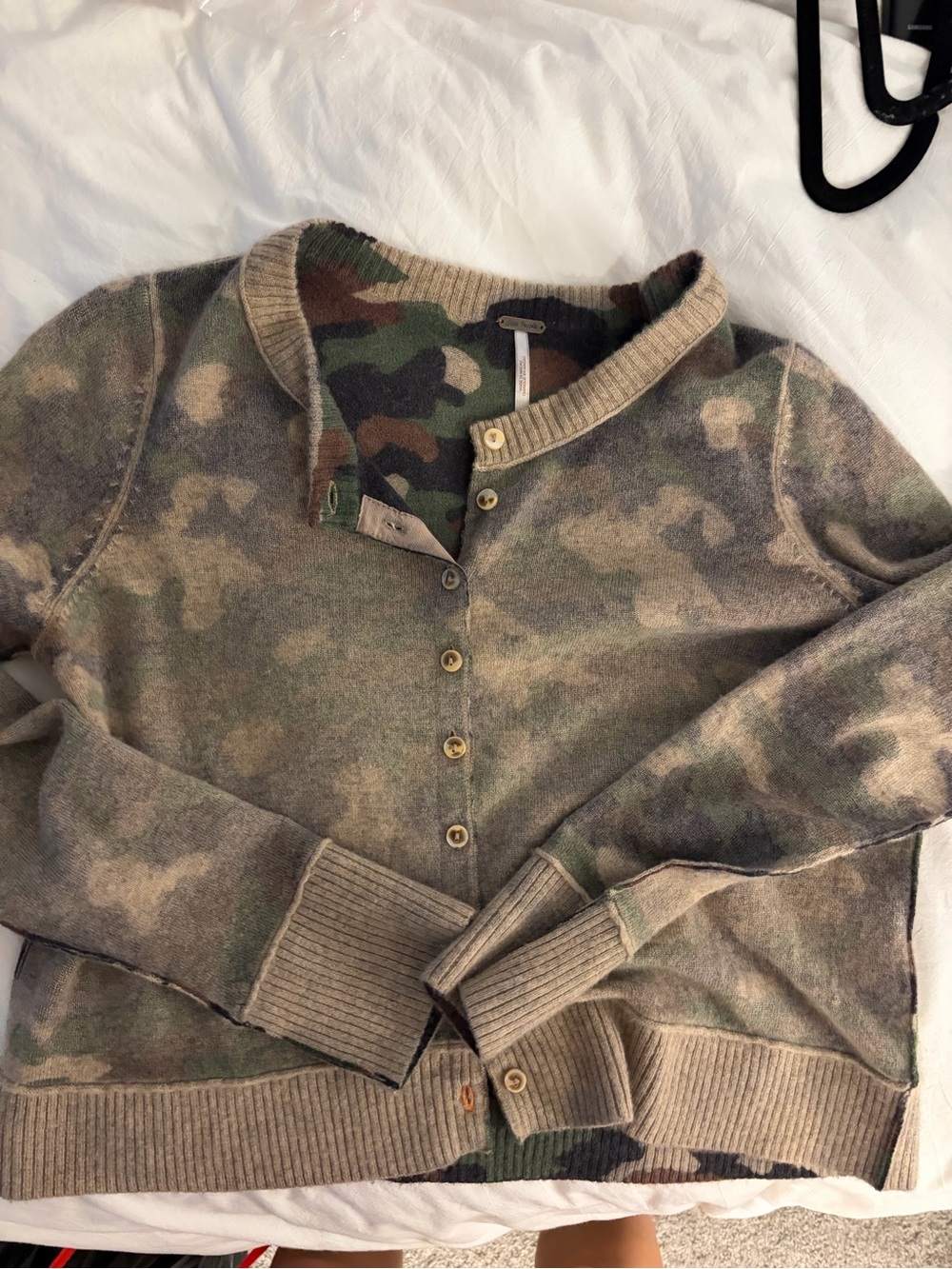 Free People Beige & Olive Camo Button-Front Cardigan